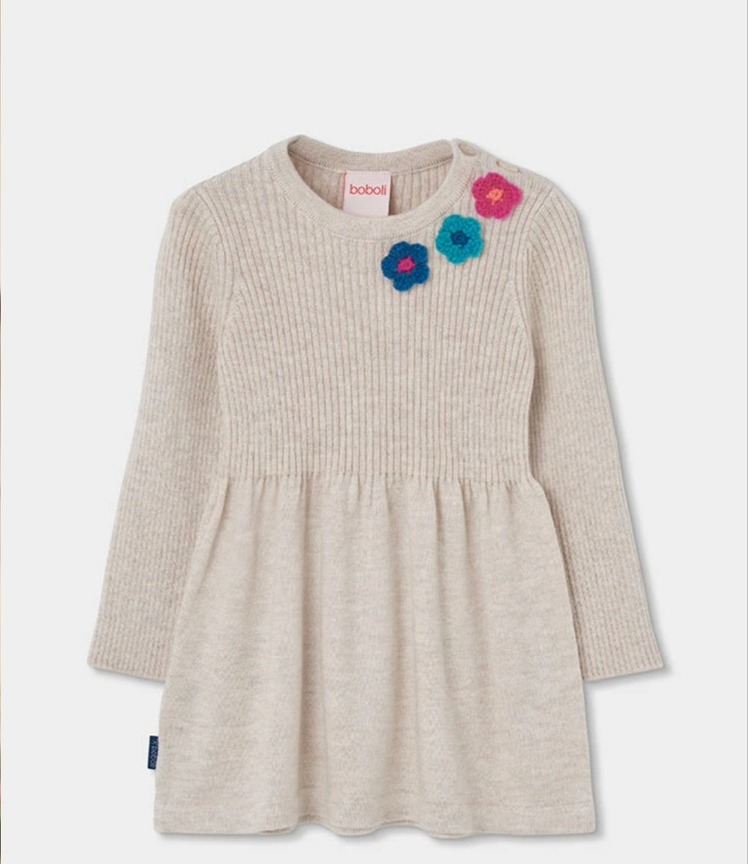 Abito beige Boboli a maniche lunghe con tre fiori colorati applicati