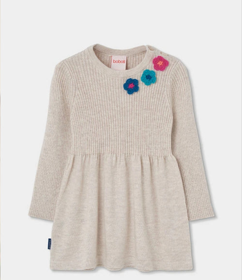 Abito beige Boboli a maniche lunghe con tre fiori colorati applicati
