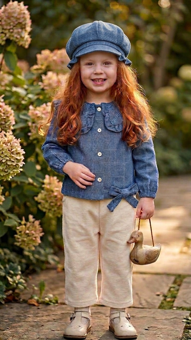 Completo bambina con camicia blu, pantaloni chiari e cappello