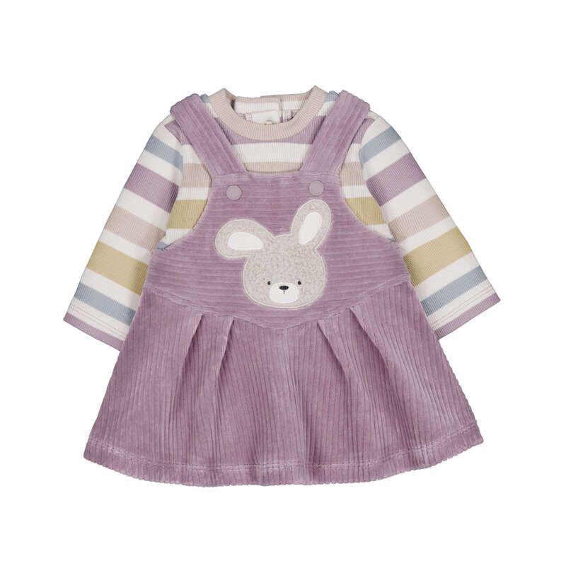 Coordinato neonata salopette velluto lilla con coniglietto applicato e body a righe pastello