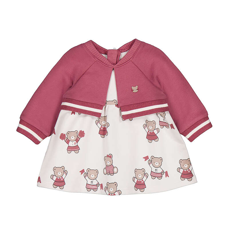 Coordinato neonata vestito bianco stampa orsetti cheerleader e bolero in maglia rosa antico