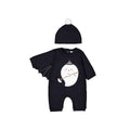 Costume Halloween neonato tutina nera fantasmino con ali da pipistrello e cappellino con pon pon