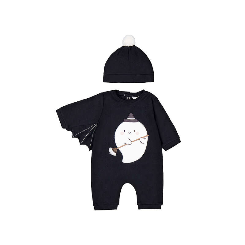 Costume Halloween neonato tutina nera fantasmino con ali da pipistrello e cappellino con pon pon