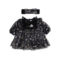 Abito neonata tulle nero stelle glitter con orecchiette da gatto in velluto e fascia coordinata
