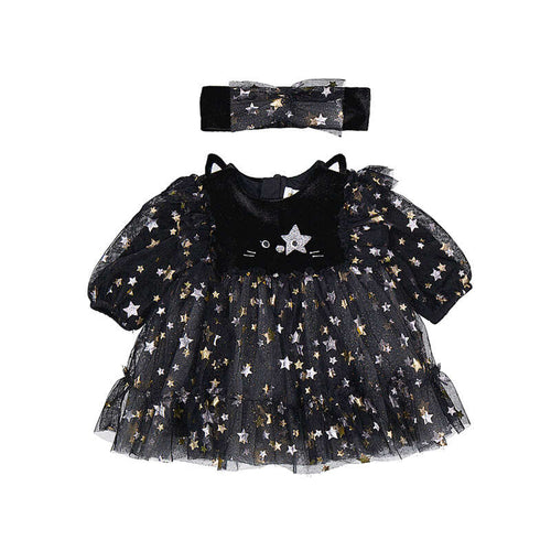 Abito neonata tulle nero stelle glitter con orecchiette da gatto in velluto e fascia coordinata