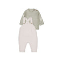 Set 2 pezzi neonato maglione verde salvia con lettere e salopette bianca Mayoral
