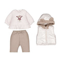 Set 3 pezzi neonata maglia bianca orsetto cheerleader pantaloni beige e gilet trapuntato bianco con cappuccio teddy