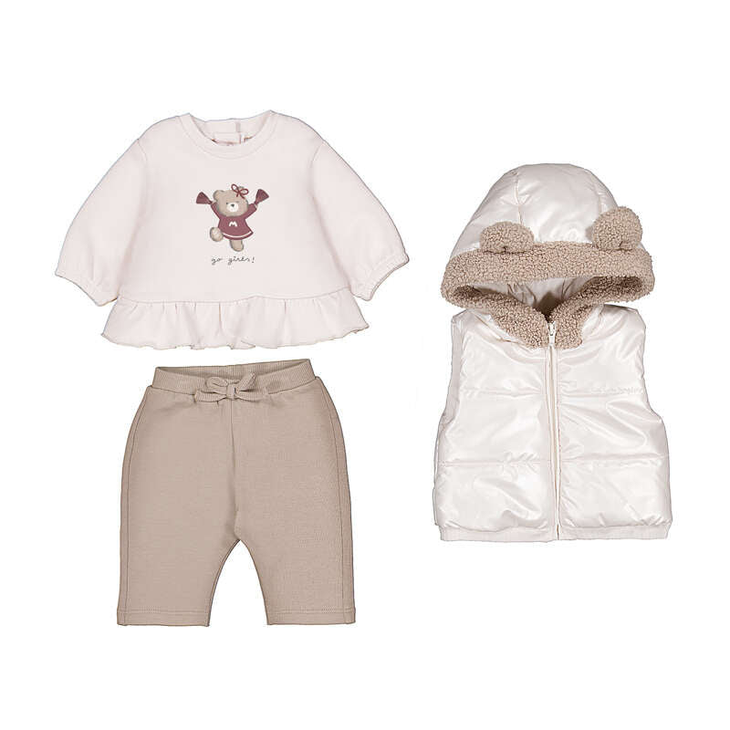 Set 3 pezzi neonata maglia bianca orsetto cheerleader pantaloni beige e gilet trapuntato bianco con cappuccio teddy