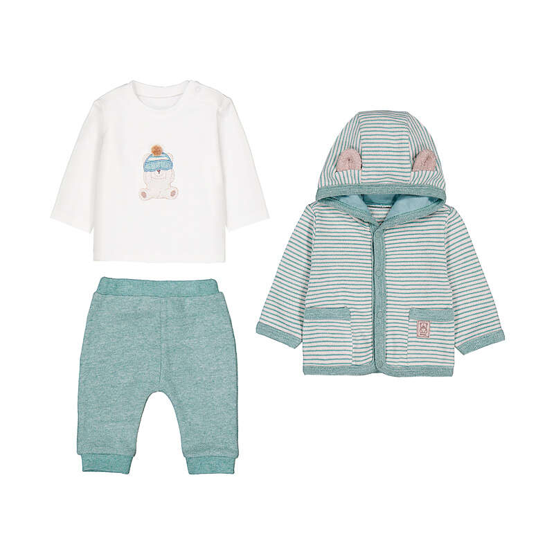 Set 3 pezzi neonato con maglia bianca orsetto, pantaloni verde acqua e giacchina a righe con cappuccio e orecchiette Mayoral