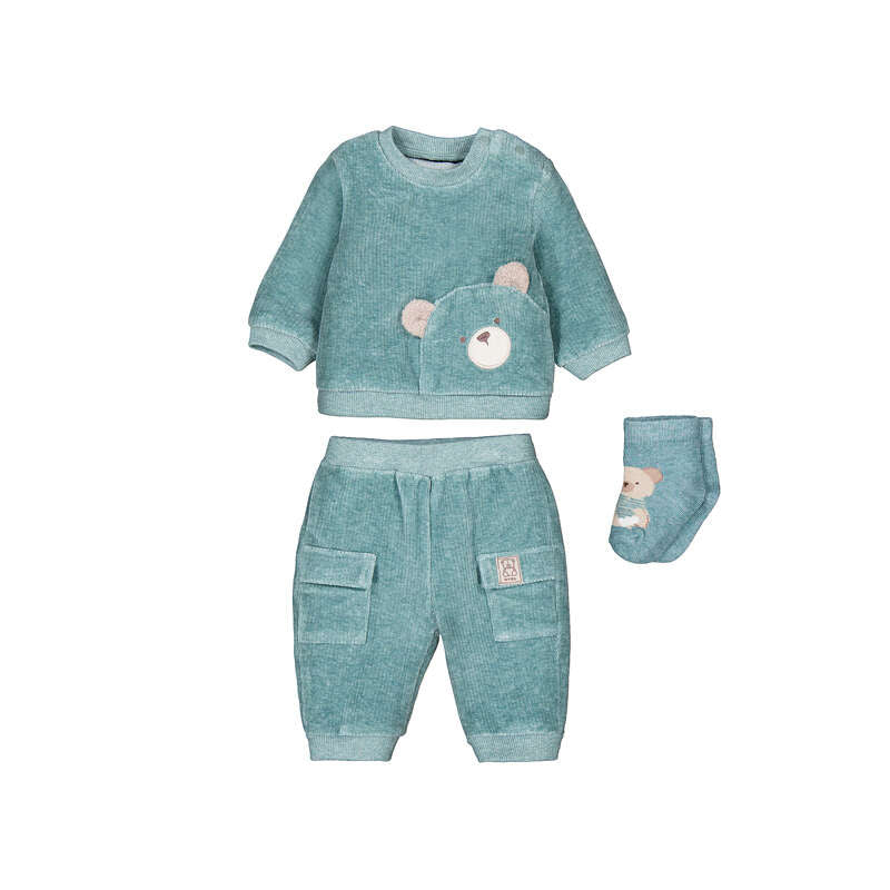 Set 3 pezzi neonato felpa verde acqua con orsetto applicato, pantaloni cargo e calzini coordinati Mayoral