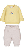 Set 2 pezzi neonato felpa gialla con ricamo animali musicanti e pantaloni grigio chiaro Mayoral