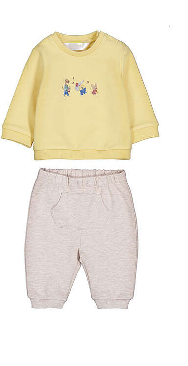 Set 2 pezzi neonato felpa gialla con ricamo animali musicanti e pantaloni grigio chiaro Mayoral