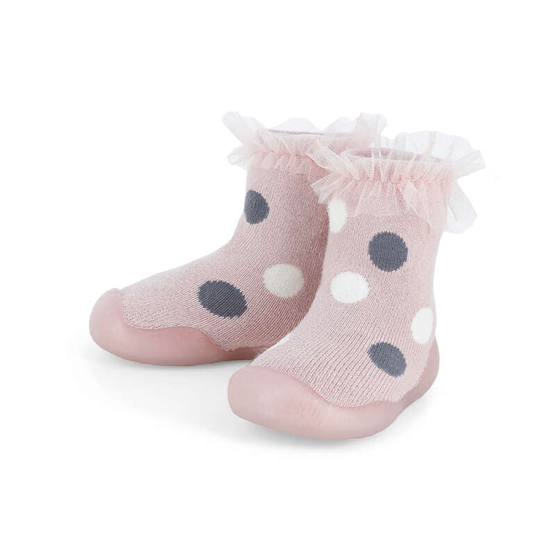Scarpine calzino neonato rosa con pois grigi e bianchi e bordo in pizzo Mayoral