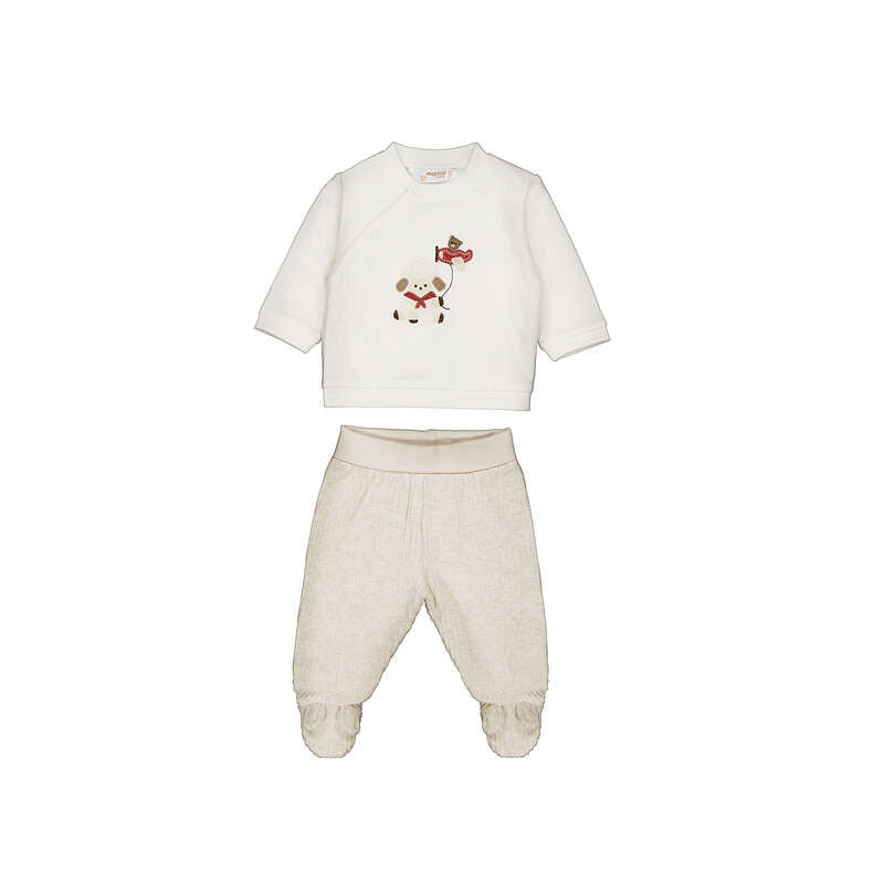 Set 2 pezzi neonato felpa panna con ricamo cagnolino e palloncino e ghettina panna con piedino Mayoral