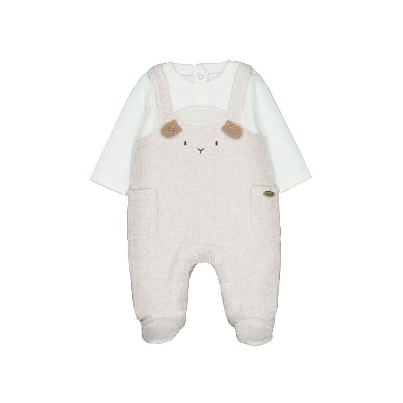 Set 2 pezzi neonato tutina salopette panna con applicazione agnellino 3D e maglia bianca manica lunga Mayoral