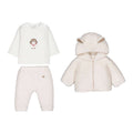 Set 3 pezzi neonato maglia bianca con ricamo aviatore, pantaloni panna e giacchino in pelliccia sintetica panna con cappuccio e orecchiette Mayoral