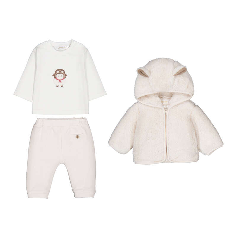 Set 3 pezzi neonato maglia bianca con ricamo aviatore, pantaloni panna e giacchino in pelliccia sintetica panna con cappuccio e orecchiette Mayoral