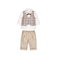 Set 3 pezzi cerimonia bambino Mayoral: camicia bianca con papillon, gilet tartan beige e pantaloni beige