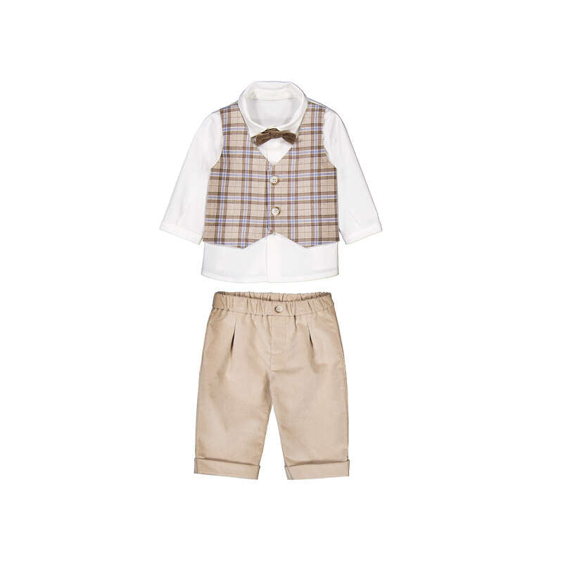 Set 3 pezzi cerimonia bambino Mayoral: camicia bianca con papillon, gilet tartan beige e pantaloni beige