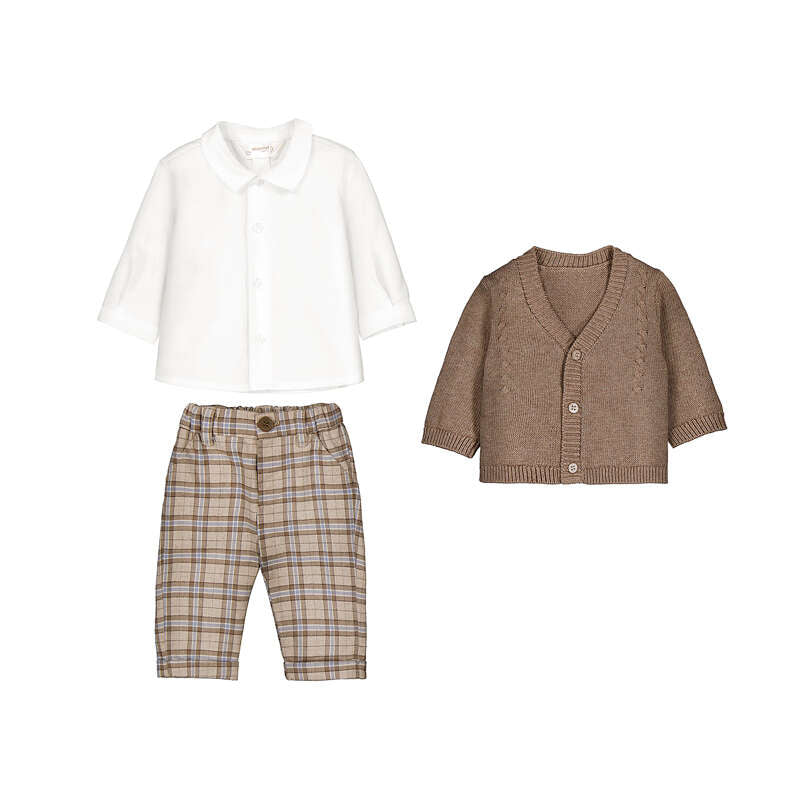 Set 3 pezzi cerimonia bambino Mayoral: camicia bianca, cardigan marrone in maglia e pantaloni tartan beige