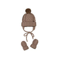 Set cappellino e muffole neonato in maglia beige con pon pon marrone e laccetti Mayoral