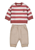 Completo neonato felpa a righe rosa e pantaloni beige