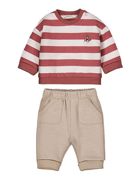 Completo neonato felpa a righe rosa e pantaloni beige