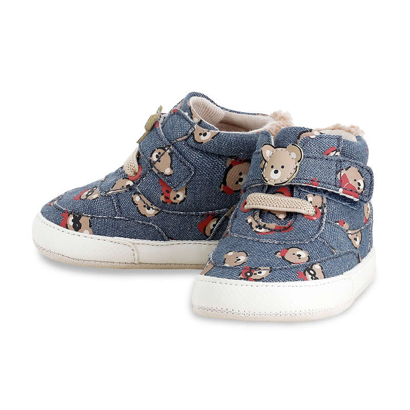 Scarpine neonato denim con fantasia orsetti e chiusura a strappo