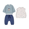 Completo neonato 3 pezzi felpa azzurra pantaloni blu e gilet bianco