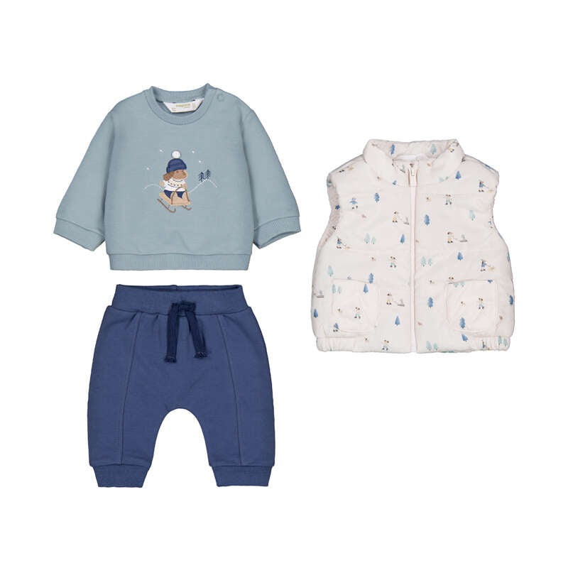 Completo neonato 3 pezzi felpa azzurra pantaloni blu e gilet bianco