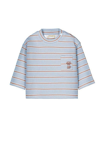 T-shirt neonato a righe azzurre con taschino e ricamo orsetto