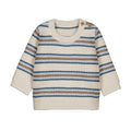 Maglione neonato a righe in maglia panna azzurro e tortora con bottoncini in legno