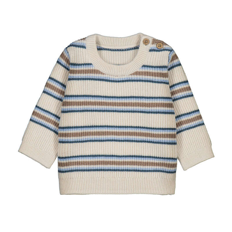 Maglione neonato a righe in maglia panna azzurro e tortora con bottoncini in legno