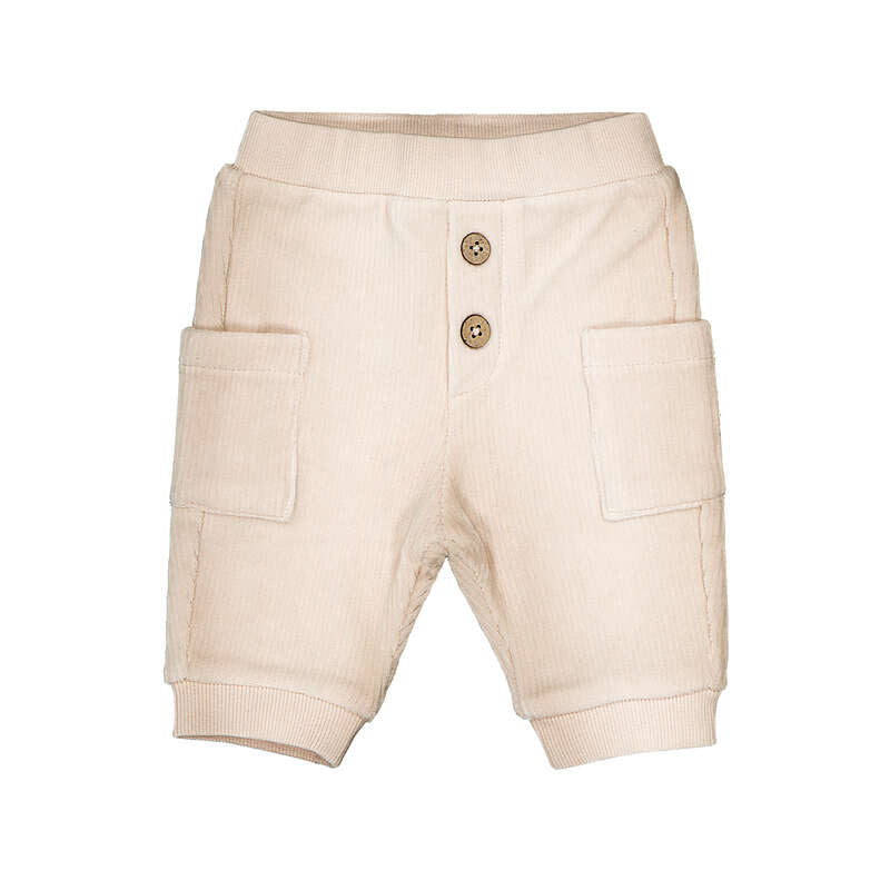 Pantaloncini cargo neonato beige con tasche laterali e bottoncini in legno