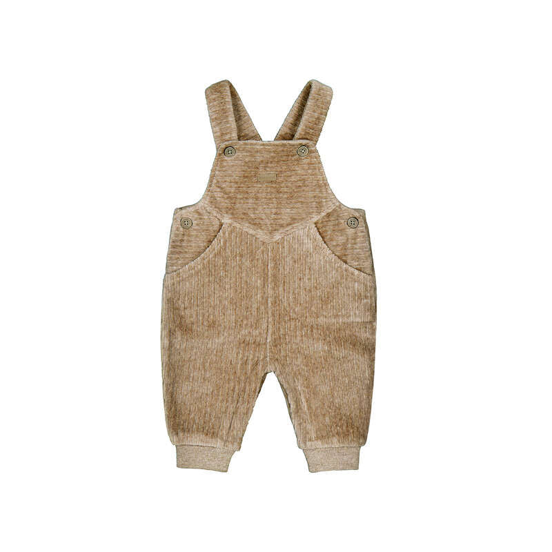 Salopette neonato in velluto a coste beige con bretelle e bottoncini in legno