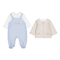 Set 3 pezzi neonato salopette azzurra body bianco e giacchino beige stelle Mayoral