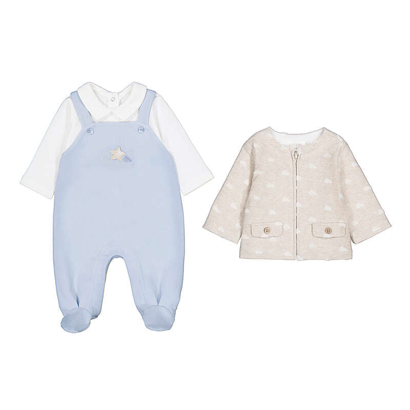 Set 3 pezzi neonato salopette azzurra body bianco e giacchino beige stelle Mayoral