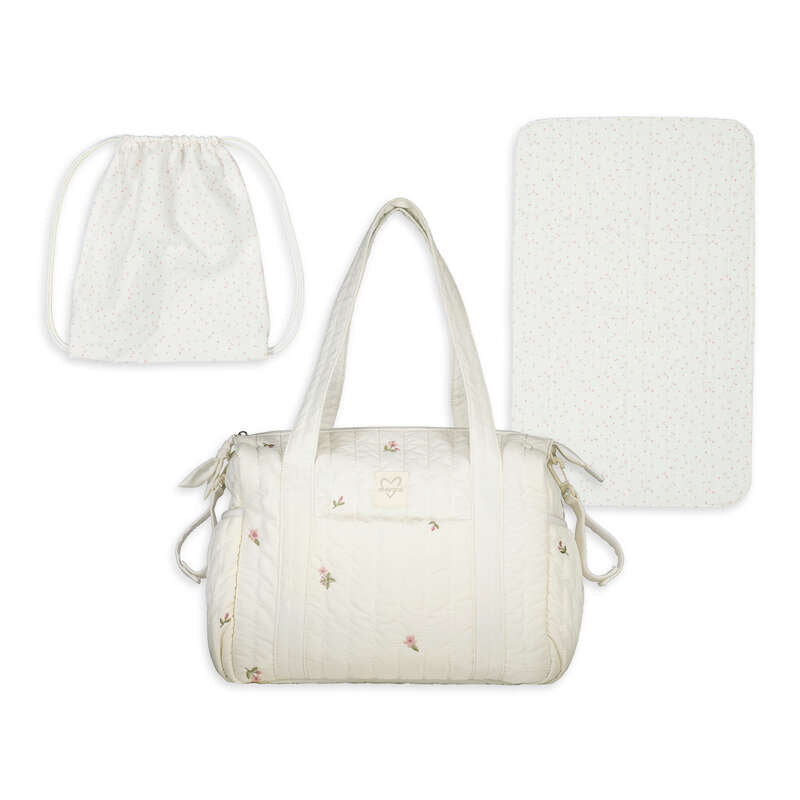 Set borsa maternità Mayoral color panna con ricami floreali, sacchetto e fasciatoio portatile