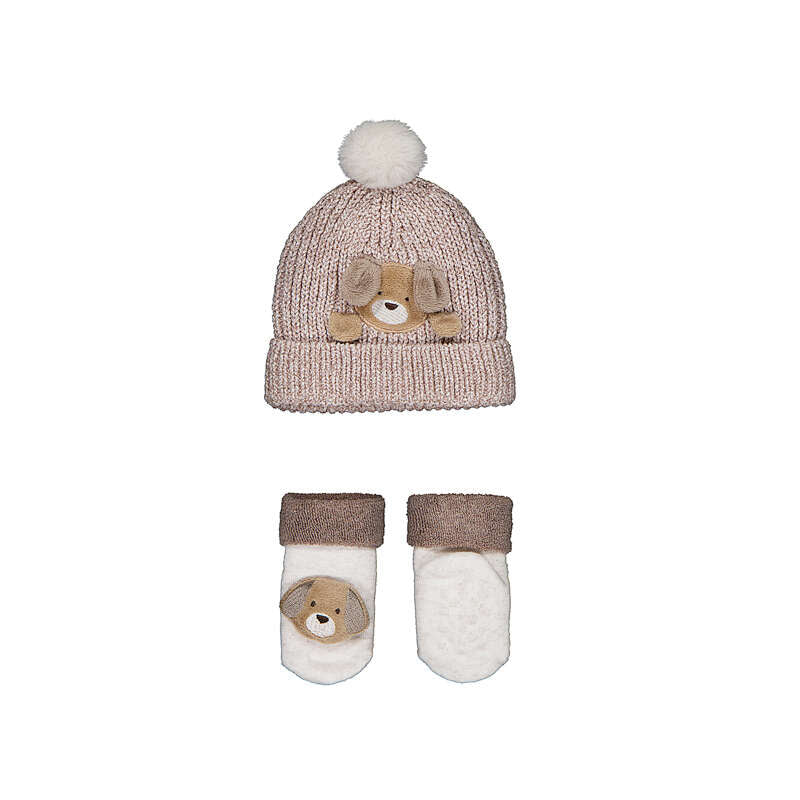 Set cuffia in maglia beige con pon pon e calzini neonato Mayoral con applicazione cagnolino 3D