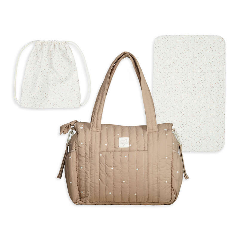 Set borsa maternità Mayoral color taupe trapuntata con pois dorati, sacchetto e fasciatoio portatile