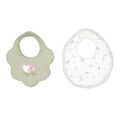 Set 2 bavaglini neonata Mayoral: verde salvia con applicazione floreale e bianco con stampa floreale e bordo arricciato