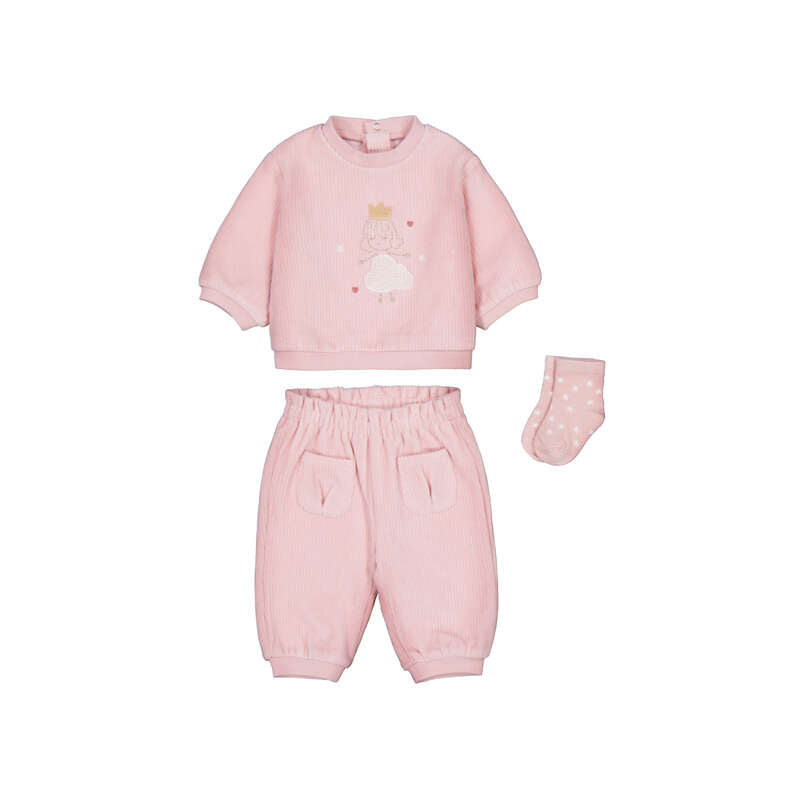 Set 3 pezzi neonata Mayoral rosa: felpa con ballerina 3D, pantaloni e calzini coordinati