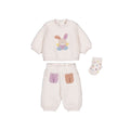 Set 3 pezzi neonato Mayoral panna: felpa con coniglietto 3D, pantaloni con tasche colorate e calzini a pois