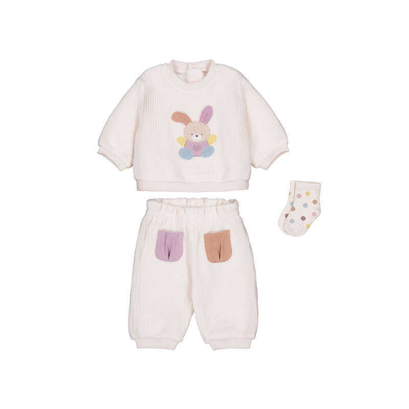 Set 3 pezzi neonato Mayoral panna: felpa con coniglietto 3D, pantaloni con tasche colorate e calzini a pois