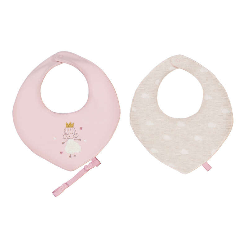 Set 2 bavaglini triangolari neonata Mayoral: rosa con principessina ricamata e corona dorata, panna con pois tono su tono