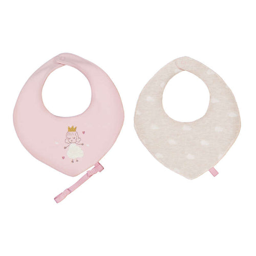 Set 2 bavaglini triangolari neonata Mayoral: rosa con principessina ricamata e corona dorata, panna con pois tono su tono