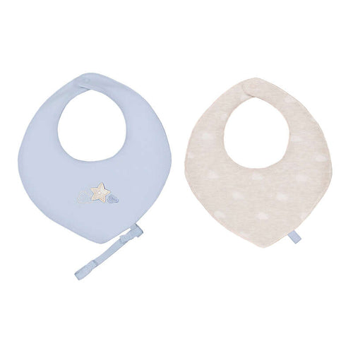 Set 2 bavaglini triangolari neonato Mayoral: azzurro con stellina ricamata e panna con pois tono su tono