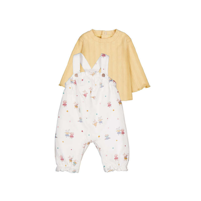 Set 2 pezzi neonata Mayoral: maglia gialla a costine e salopette bianca con stampa fatine colorate e bretelle con bottoni