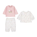 Set 3 pezzi neonata Mayoral: maglia rosa con gattino e fiore, giacchino bianco floreale e pantaloni bianchi coordinati