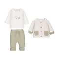 Set 3 pezzi neonato verde salvia con body bianco, pantaloni e cardigan Mayoral